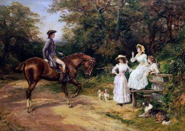 three women at the table by the lamp Painting - A Meeting by The Stile Heywood Hardy horse riding